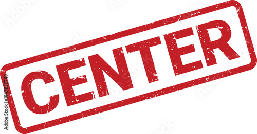 Distressed Red CENTER Rubber Stamp Impression on White Background, Slightly Angled View