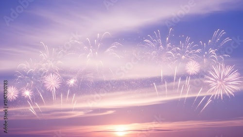 Festive Fireworks Scene with Soft Twilight Colors and Radiant Bursts of Light