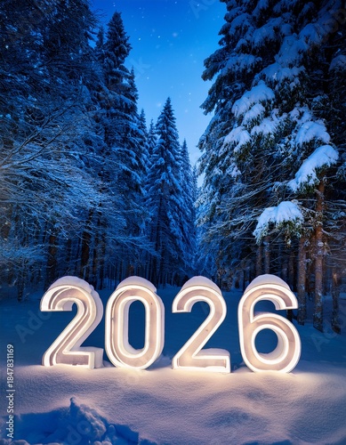 2026 3D numbers covered by snow in a forest on winter season at night with copy space