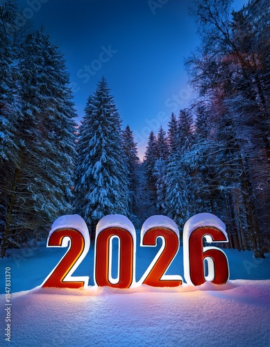 2026 3D numbers covered by snow in a forest on winter season at night with copy space