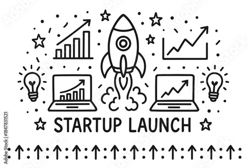 Startup launch concept with rocket and growth charts illustrations