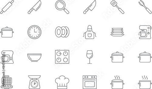 Large collection of linear vector icons featuring various kitchen tools and cooking equipment including pots, knives, mixers, oven, and chef hat for culinary design.