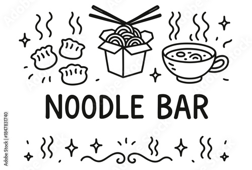 Noodle bar with chopsticks, soup, dumplings, and decorative elements