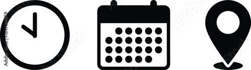 Set of black and white flat vector icons featuring a clock for time, a calendar for dates, and a map pin for location.