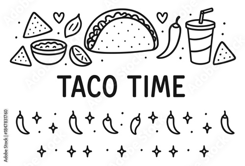 Taco time design with tacos, salsa, chips, and drink elements