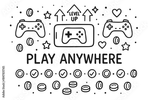 Play anywhere gaming console with controller doodle art and playful symbols