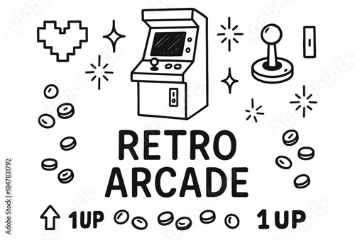 Retro arcade machine and gaming symbols in black and white