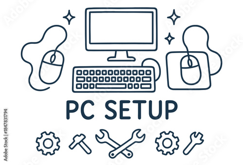 Minimalist pc setup with computer, mouse, keyboard, and tools