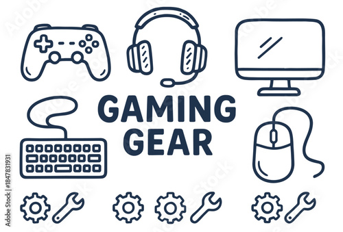 Gaming gear icons: console, headset, monitor, keyboard, mouse, tools