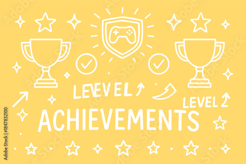 Gaming achievements and rewards with trophies and stars