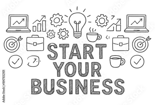 Start your business concept with sketchy icons of laptops, gears, targets, and lightbulbs