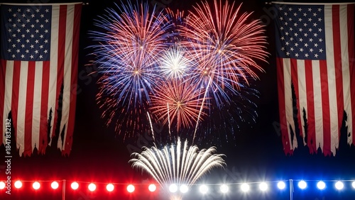 Vintage American Flags Framing a Vibrant Fireworks Display with Festive Lights Below