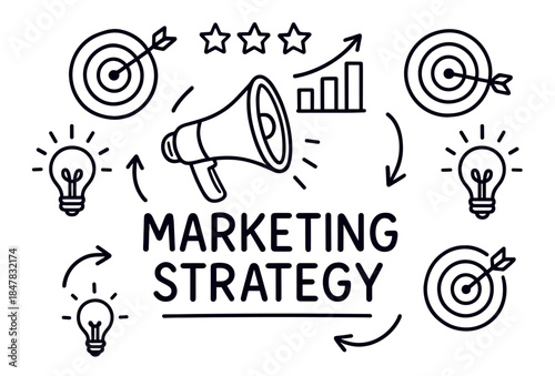 Marketing strategy concept with targets, megaphone, and graphs