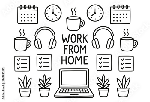 Doodle of work from home essentials with laptops and coffee