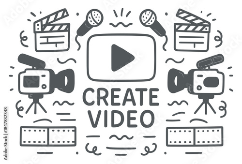 Creative video production elements with cameras, microphones, and clapperboards