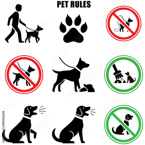 Dog rules: Illustrated dog care guidelines, including leash etiquette, waste disposal, and other pet-related dos and don'ts.