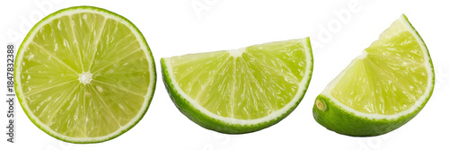 Obraz  z motywem Lime slices and half on black green citrus isolated on a transparent background