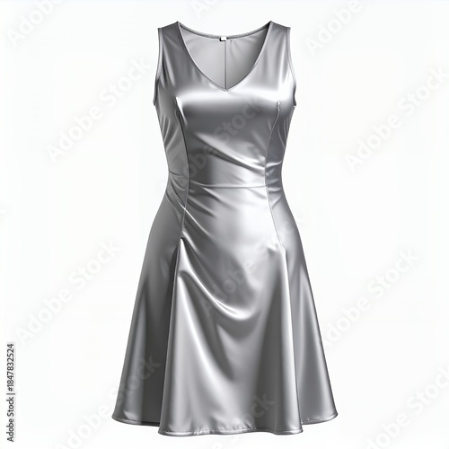 Elegant silver satin dress floating on a pure white background for fashion concepts