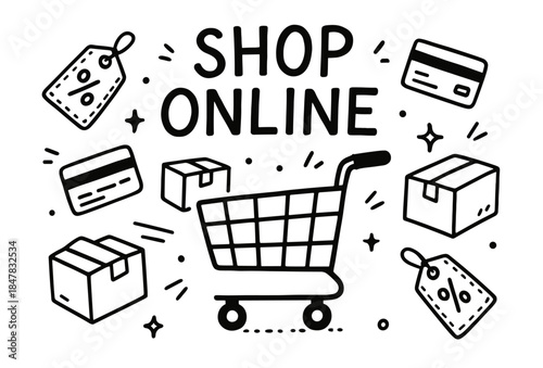 Shopping cart with boxes, credit cards, and sale tags for online shopping concept