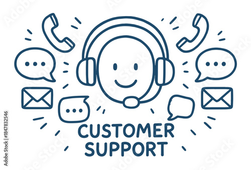 Customer support icon with headset and communication symbols
