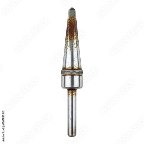 Rusty metal drill bit with pointed tip on transparent background