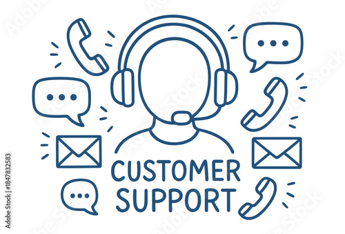 Customer support concept with headset and communication icons in blue line art