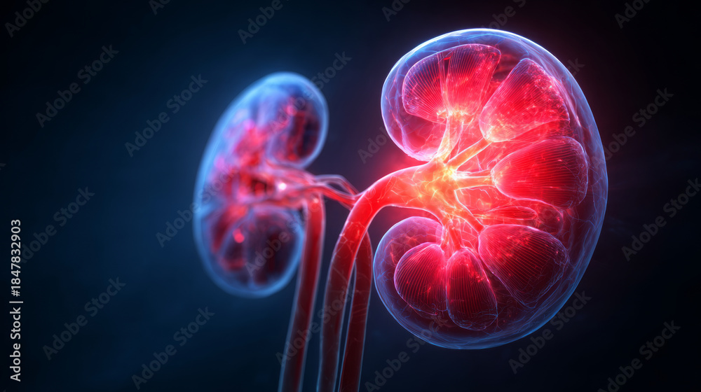 Fototapeta premium Human kidney 3d rendering red glow medical illustration anatomy detail human kidney with red