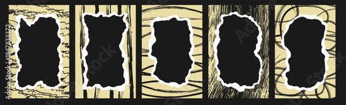 Set of cut out paper frames elements. Collage scrapbook borders with crayon drawn doodles and patterns. Black ink elements