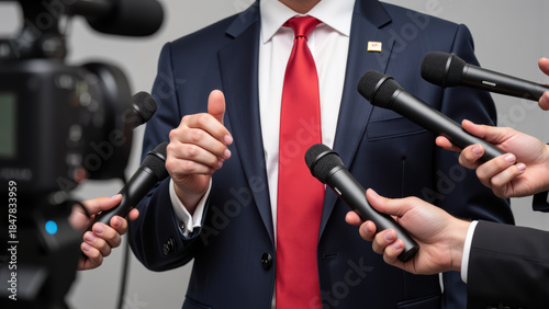 Professional speaker in suit addressing media with microphones confident expression, formal setting, communication, leadership, press conference