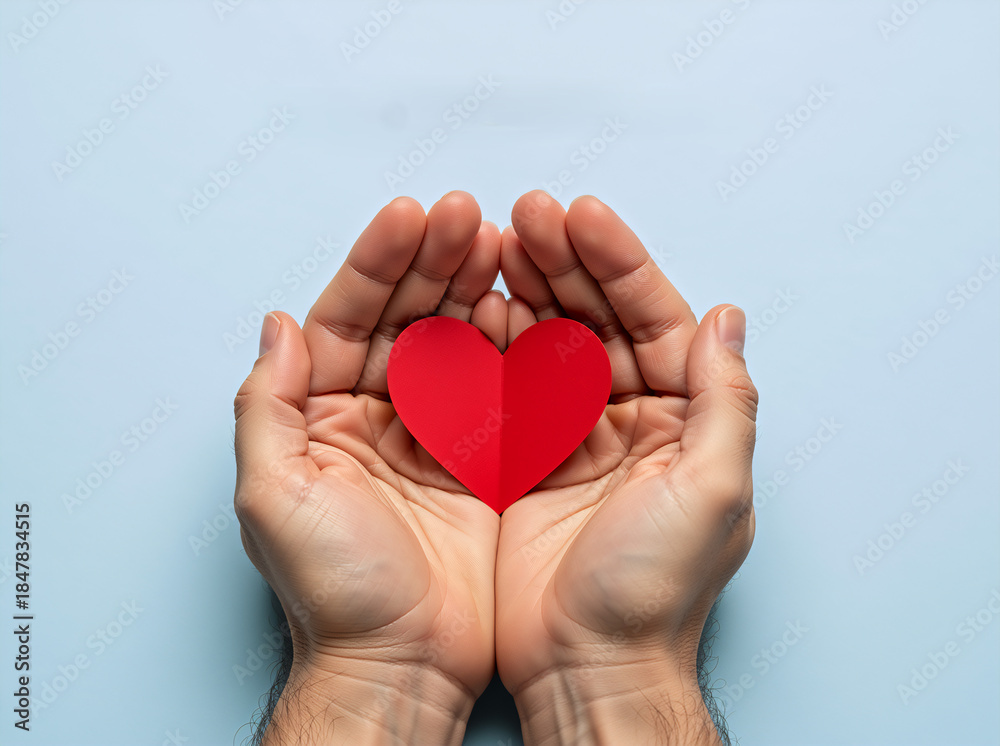 Fototapeta premium Man's hands holding a red paper heart on a blue background. Love, charity, and health care concept for Father's Day or Valentine's Day. Donation and kindness symbol with copy space