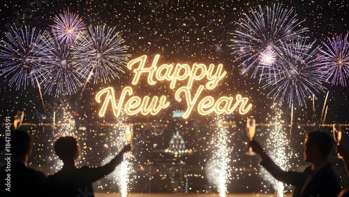 New Year’s Eve Party with Fireworks, Sparkling Lights, and Glowing Greeting Message