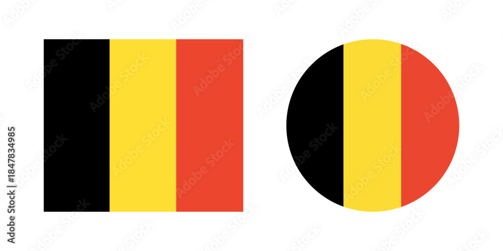 Fototapeta premium Flag of Belgium. National Belgian round, rectangular flag badges. Circular Belgian Flag icons. Button, banner, sign in circle, rectangle shapes.