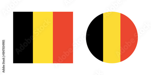 Flag of Belgium. National Belgian round, rectangular flag badges. Circular Belgian Flag icons. Button, banner, sign in circle, rectangle shapes.