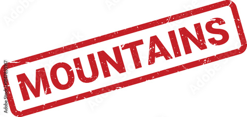 Red Ink Stamp with the Word Mountains in a Rectangular Border on a White Background