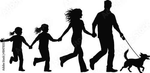  Black Silhouette of a Happy Family With Two Children and a Dog Walking and Running Together Hand in Hand.