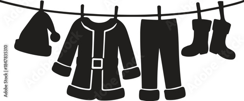 Santa Claus clothes silhouette hanging on clothesline isolated on white background for Christmas holiday decoration and festive design concepts