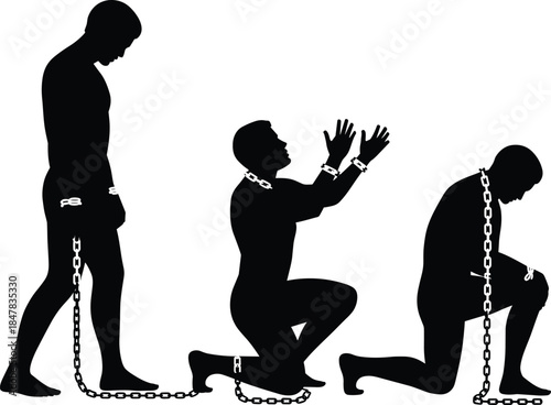 Silhouette of chained men in kneeling and standing poses symbolizing oppression, captivity, repentance, and the human struggle for freedom