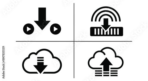 Four icons represent data download and upload concepts.