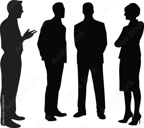 Group of Professional Business People Silhouette Standing and Talking Together in Office Meeting Isolated on White Background for Corporate Design