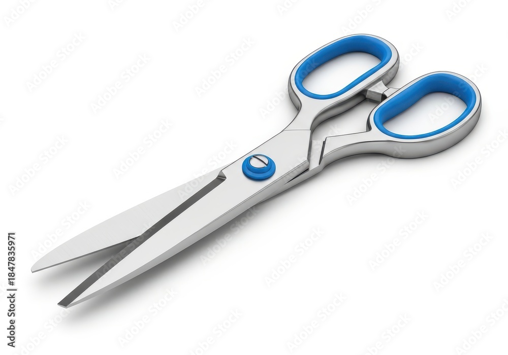 Obraz premium Modern stainless steel cutting implement featuring ergonomic blue finger loops rests on a clean white background