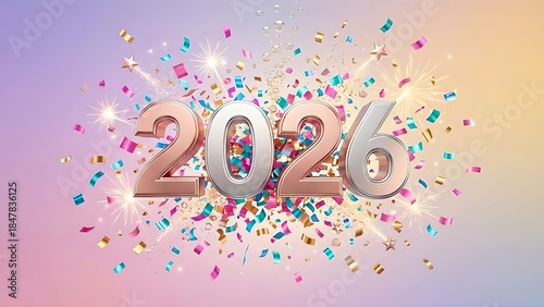 Colorful floral New Year 2026 celebration vector illustration with confetti and heart elements