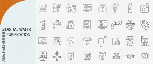 “digital water purification icon set, minimal vector design for clean tech and smart monitoring”