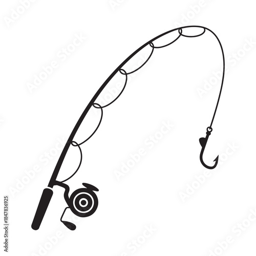 Simple black and white illustration of a fishing rod with a hook