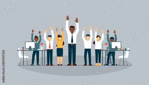 Diverse business team raising their hands in a modern office setting, celebrating success and collaboration with enthusiasm.