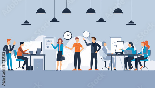 Modern office interior with diverse business professionals collaborating productively, showcasing a dynamic and efficient work environment.