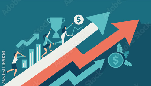 A dynamic illustration depicting businesswomen collaboratively climbing an upward-trending arrow, symbolizing financial growth, success, and strategic goal achievement.