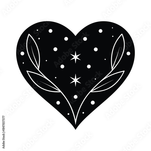 Enchanting black heart illustration featuring delicate leafy branches and celestial stars, symbolizing heartfelt connections, natural grace, and cosmic allure