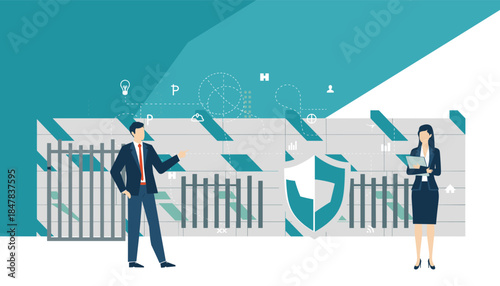 Two business professionals stand before a secure data center, symbolizing robust cybersecurity measures and digital information protection within a corporate network.