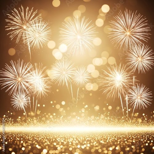 Luxurious Fireworks Explosion in Golden Tones with Glowing Background and Festive Sparkle