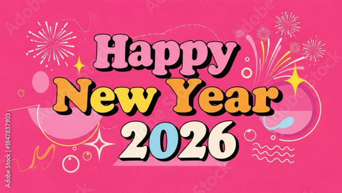 Vibrant pink happy new year 2026 graphic with fireworks and colorful text
